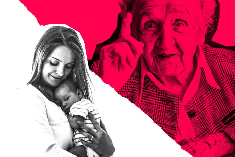 In a collage, a woman holds a baby while a scolding older woman looks on.